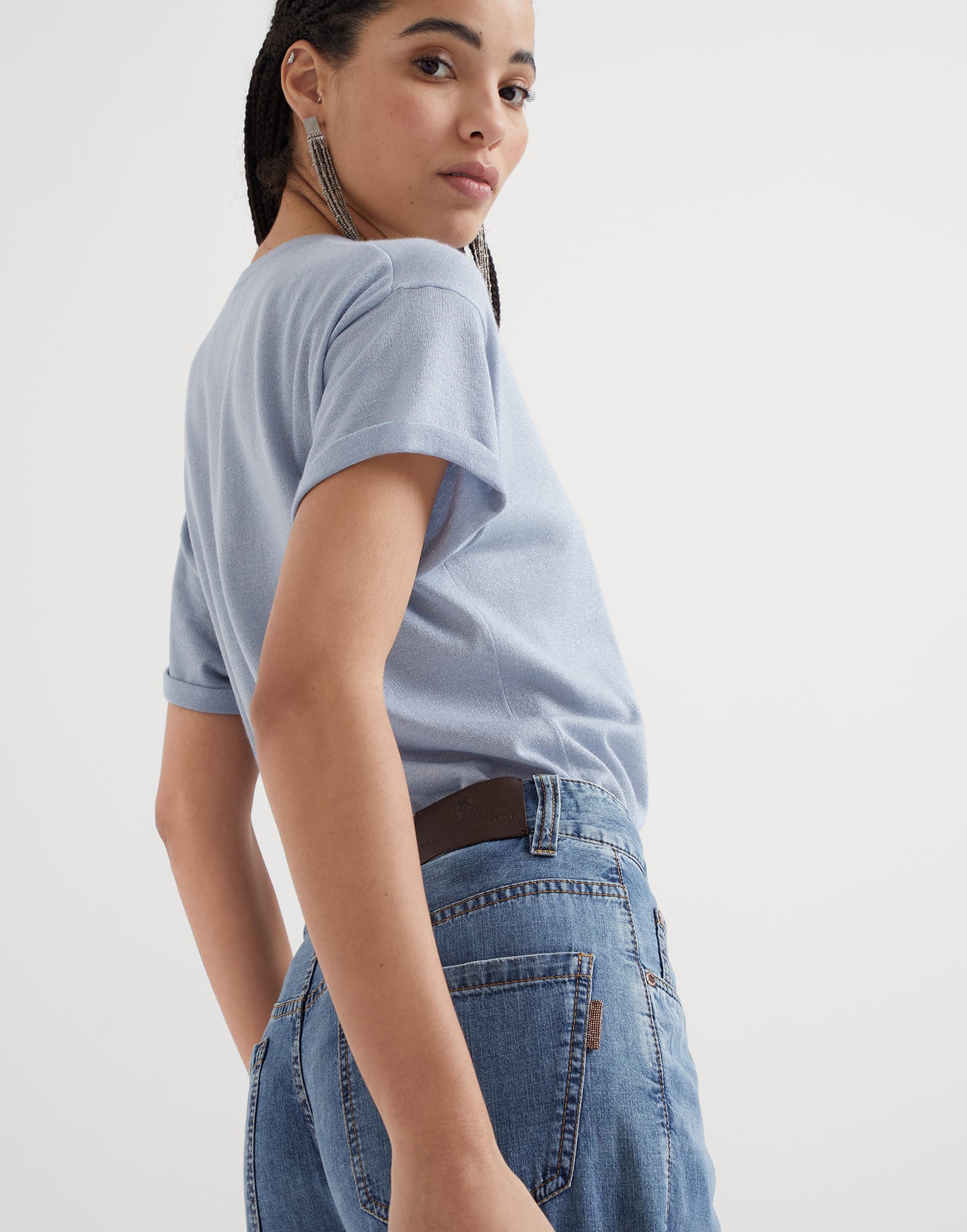 Lightweight denim loose five-pocket trousers with shiny tab