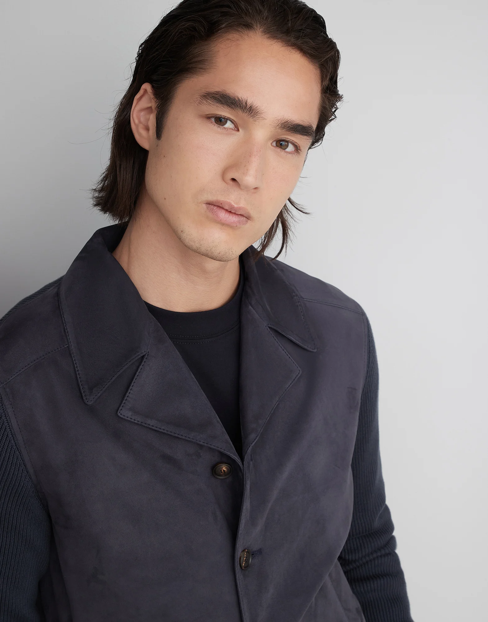 suede and cotton knit outerwear jacket