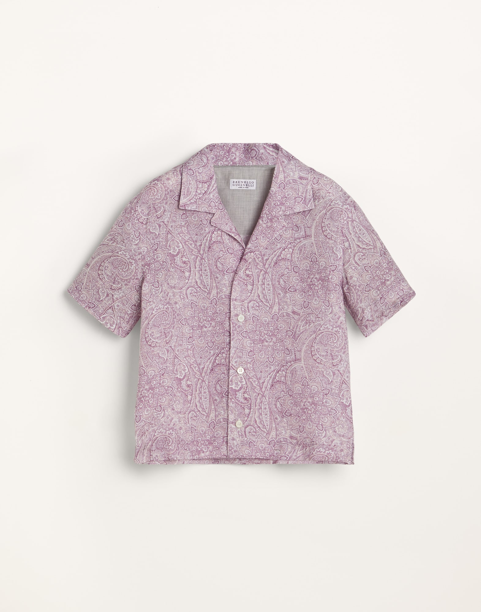 Paisley print linen short sleeve shirt with camp collar