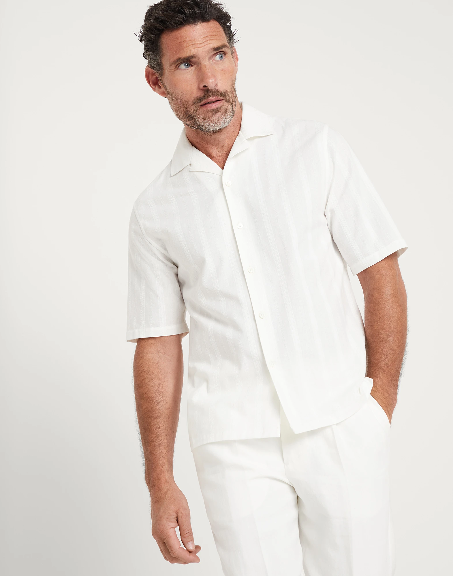 Textured stripe panama short sleeve easy fit shirt with camp collar