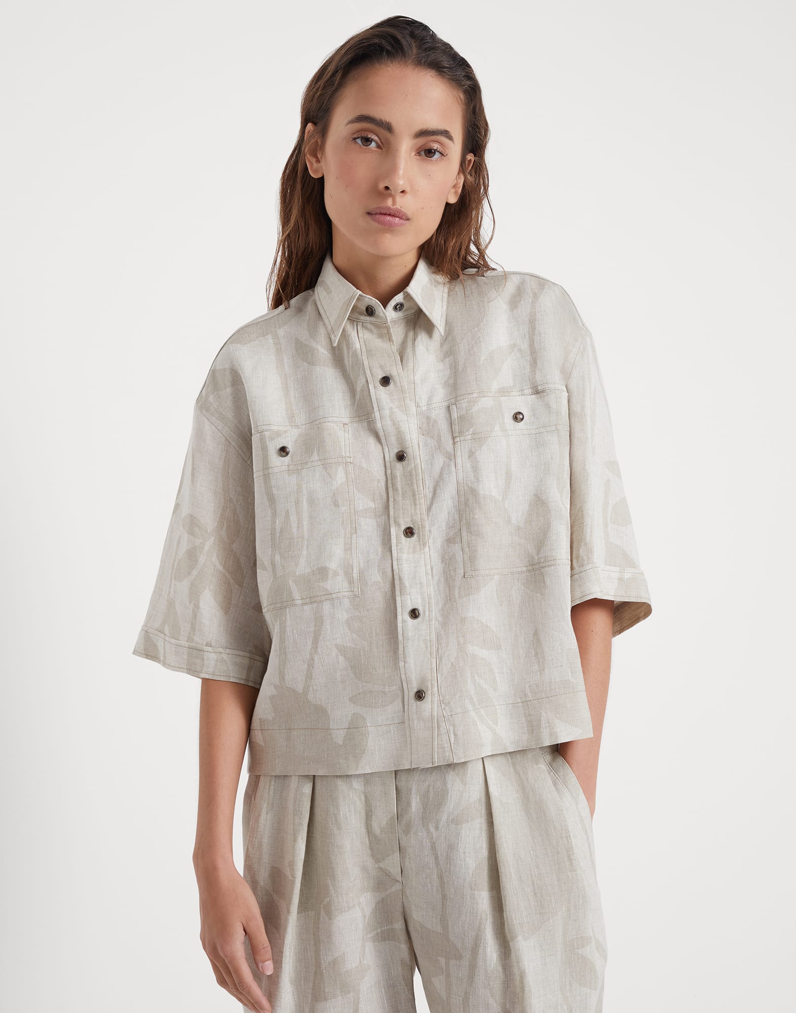 Ramage print lessive linen shirt with shiny tabs
