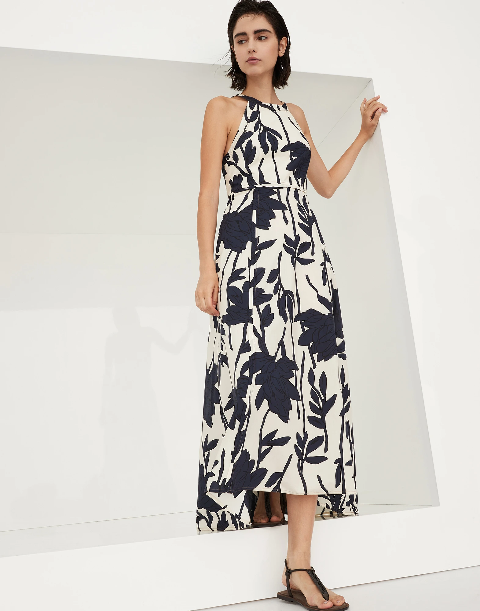 Cotton ramage print poplin halterneck dress with monili