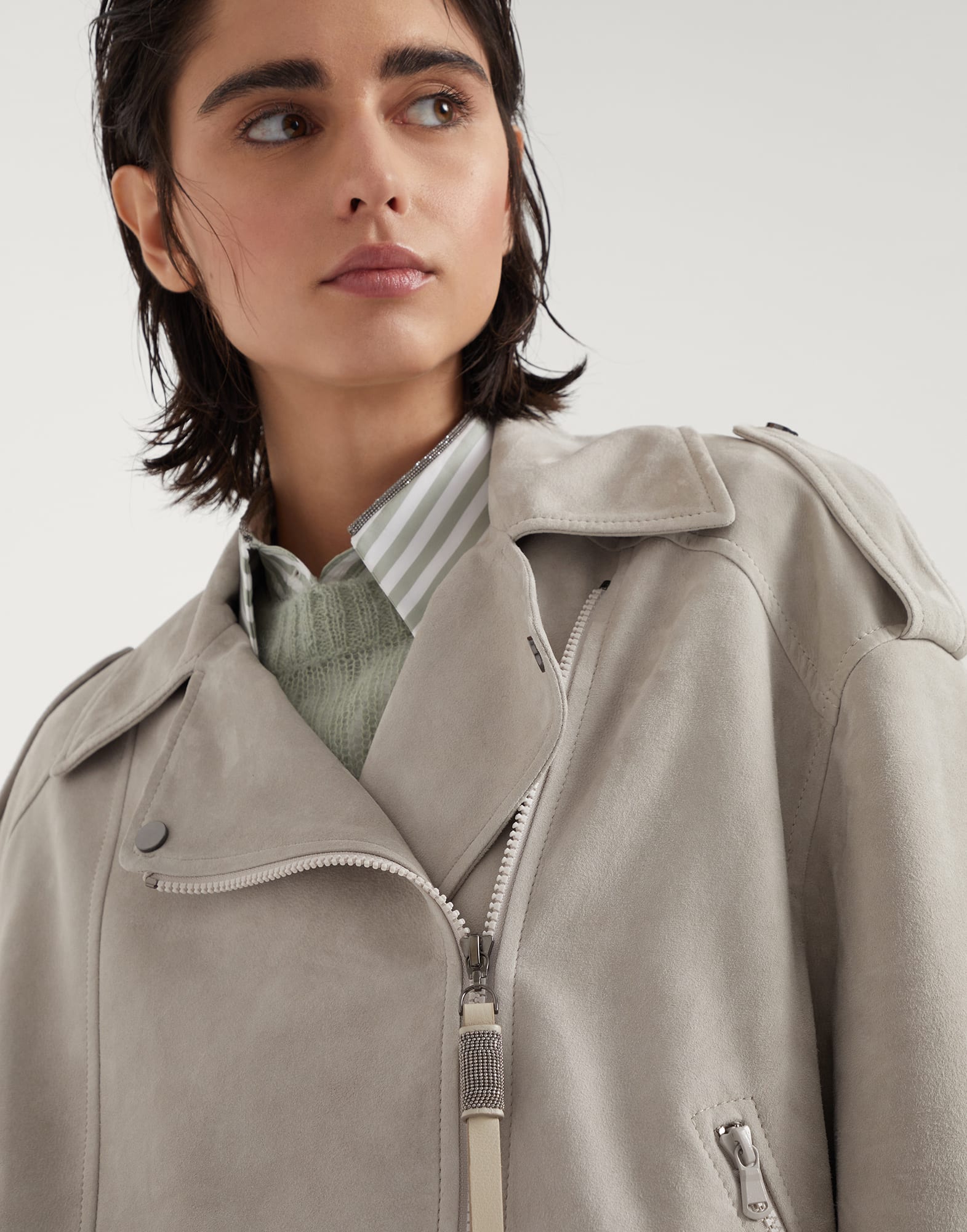 Couture suede biker jacket with precious zipper pull