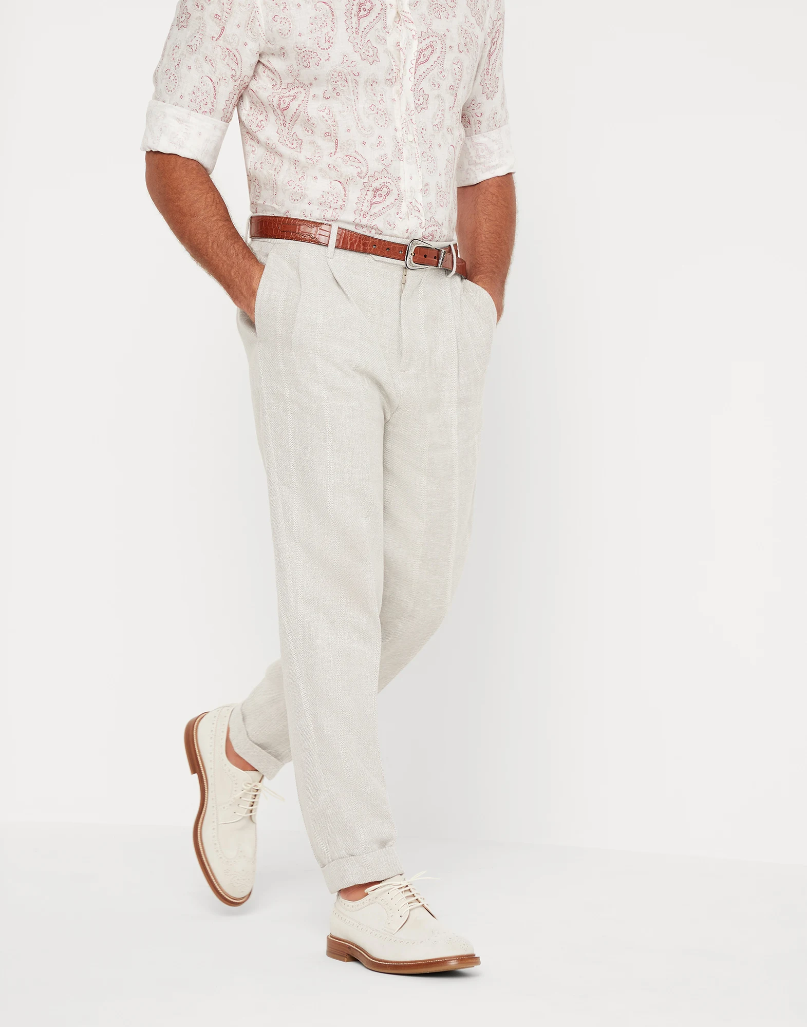 Linen, silk, wool and cotton textured chalk stripe easy fit trousers with double pleats and waist tabs