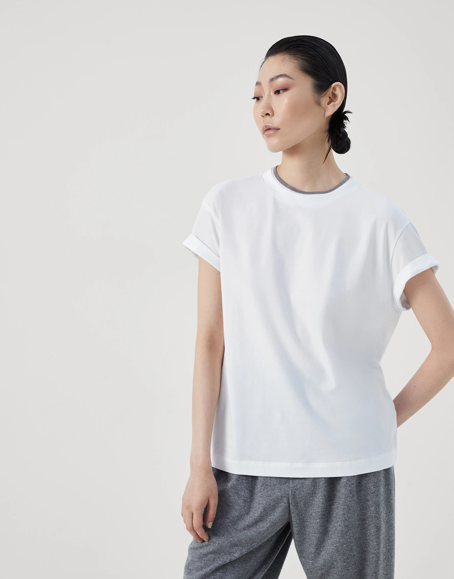Stretch cotton jersey T-shirt with precious faux-layering