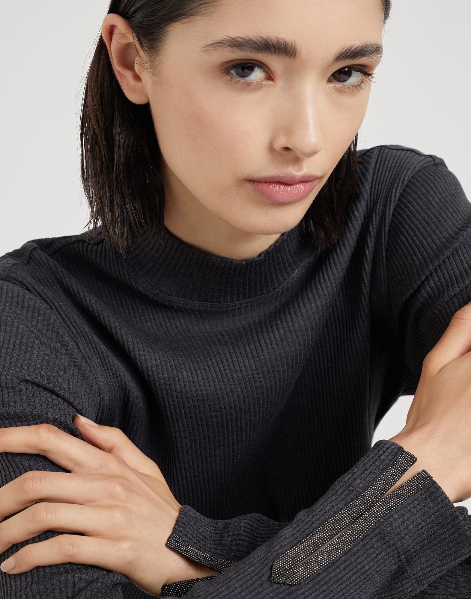 Cotton ribbed jersey top with precious cuff detail