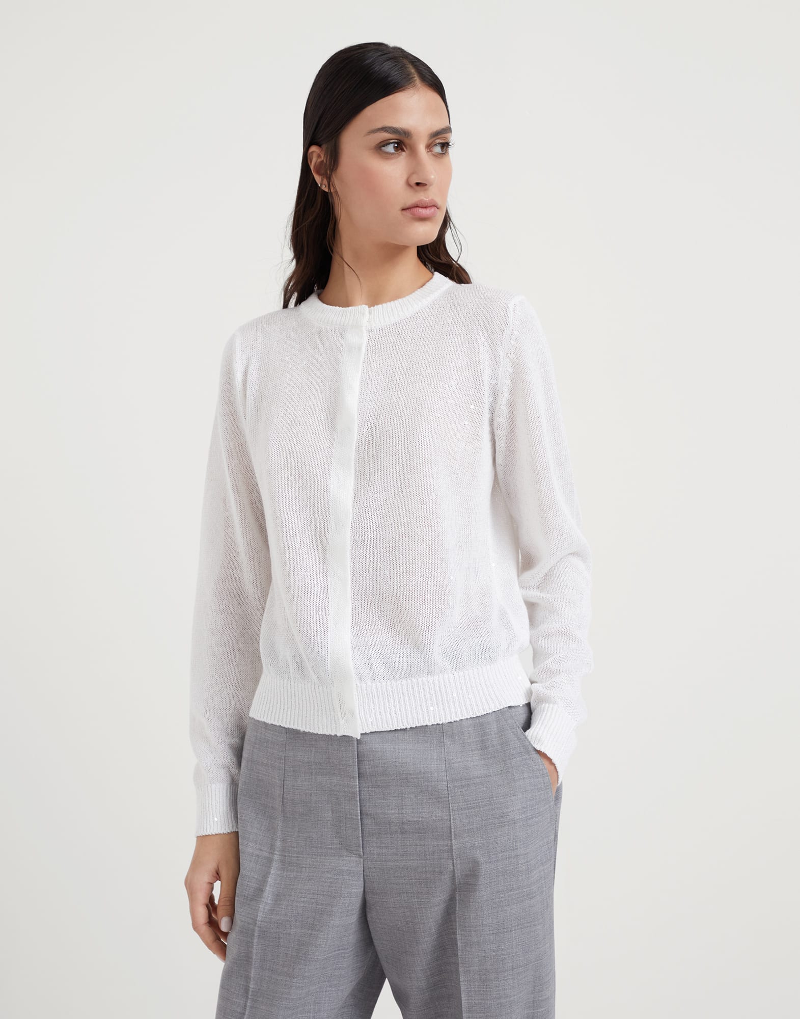 Linen and silk Diamond yarn cardigan with monili
