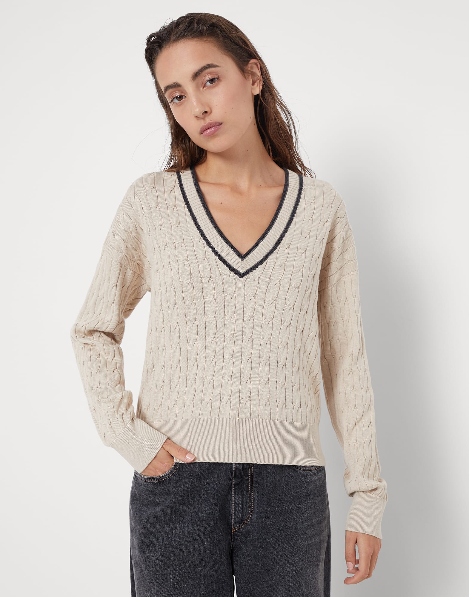 Cotton cable knit sweater with shiny contrast trims