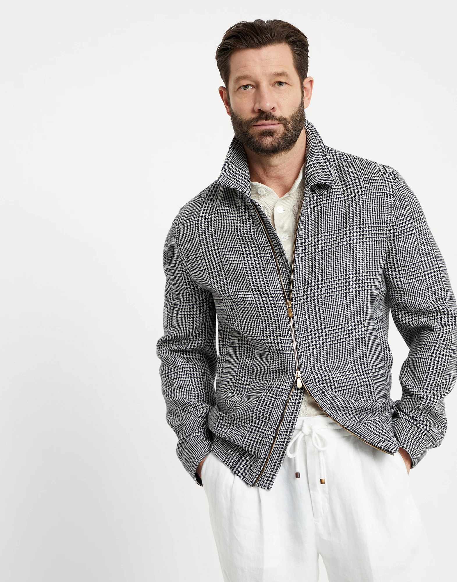 Linen, silk, wool and cotton Prince of Wales outerwear jacket