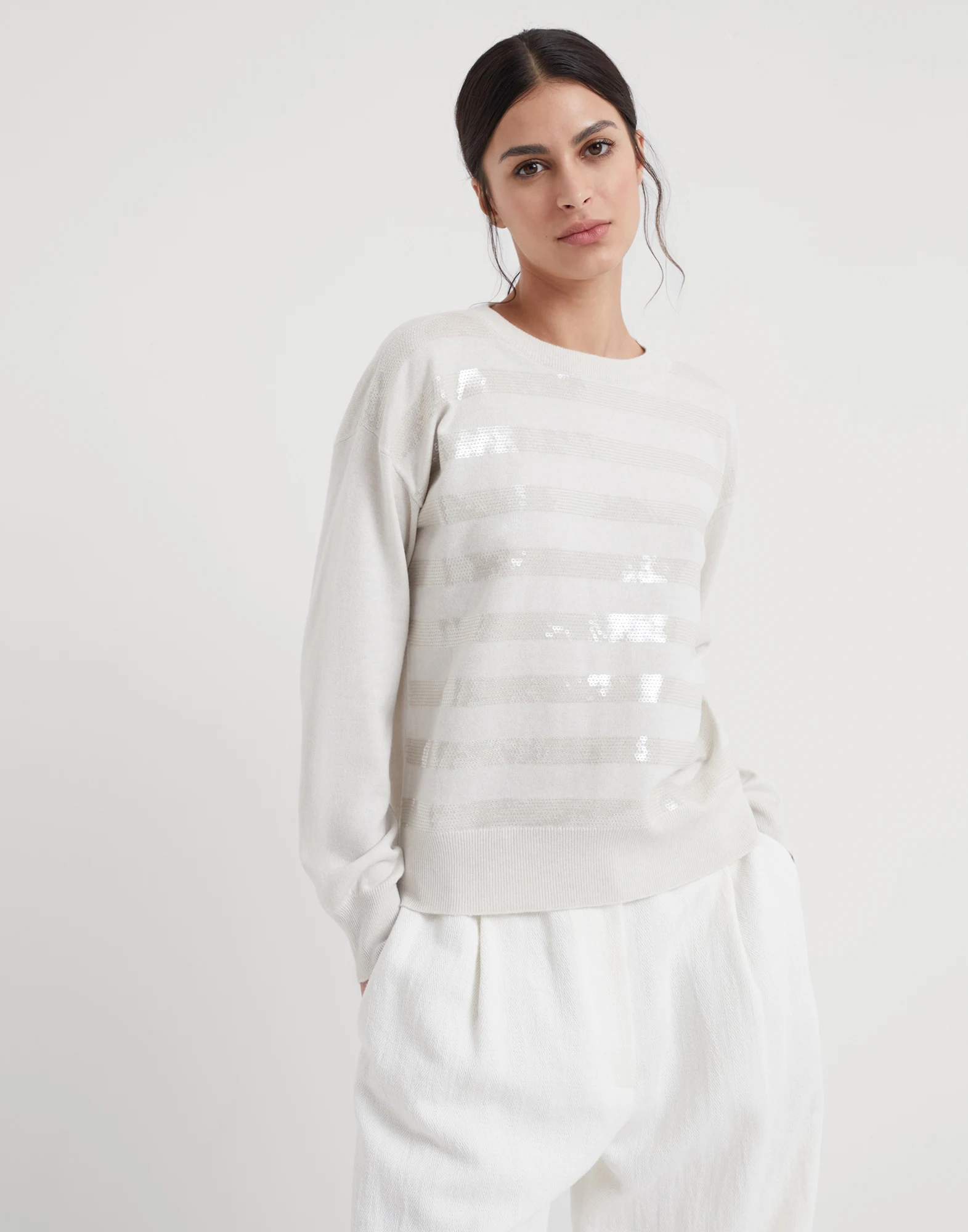 Cashmere sweater with dazzling stripe embroidery