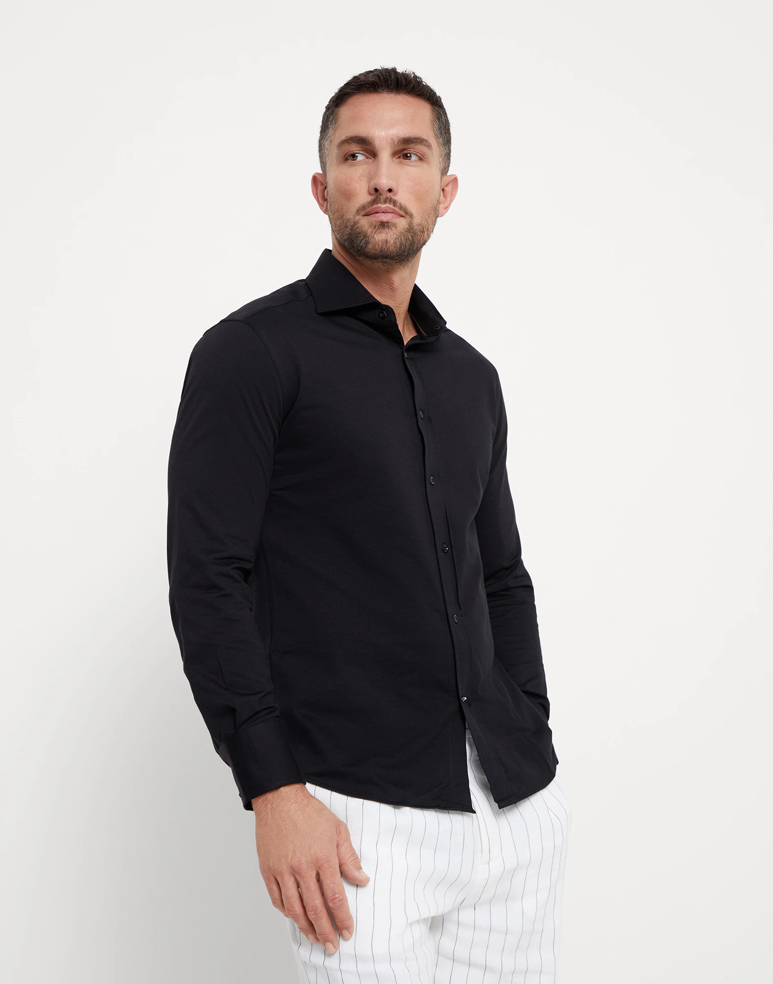 Cotton pique basic fit shirt with spread collar