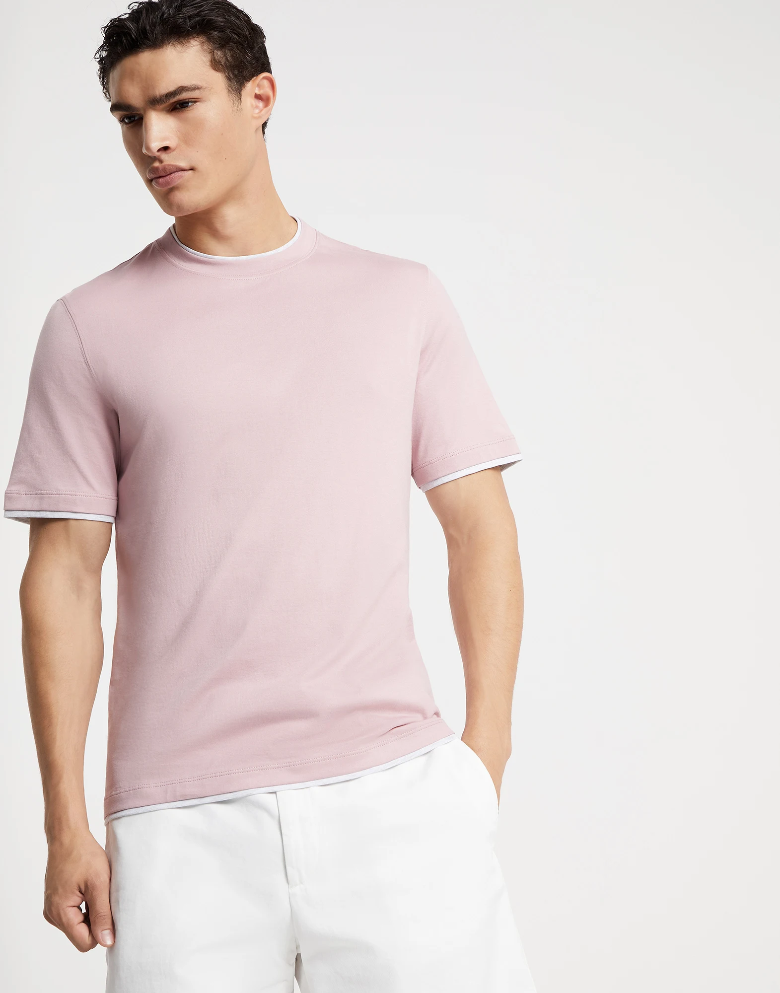 Cotton jersey crew neck T-shirt with faux-layering