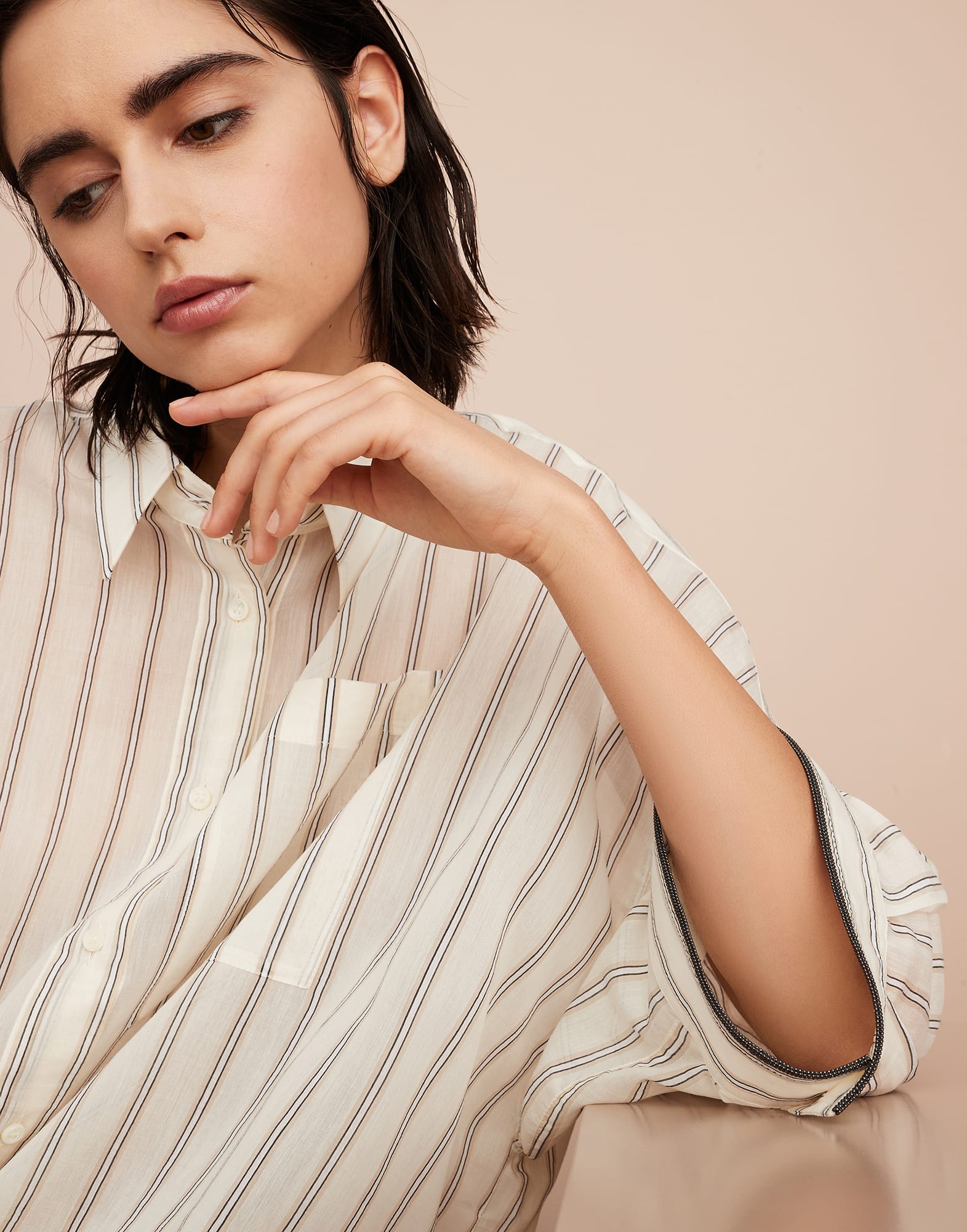 Cotton and silk striped poplin shirt with shiny cuff details