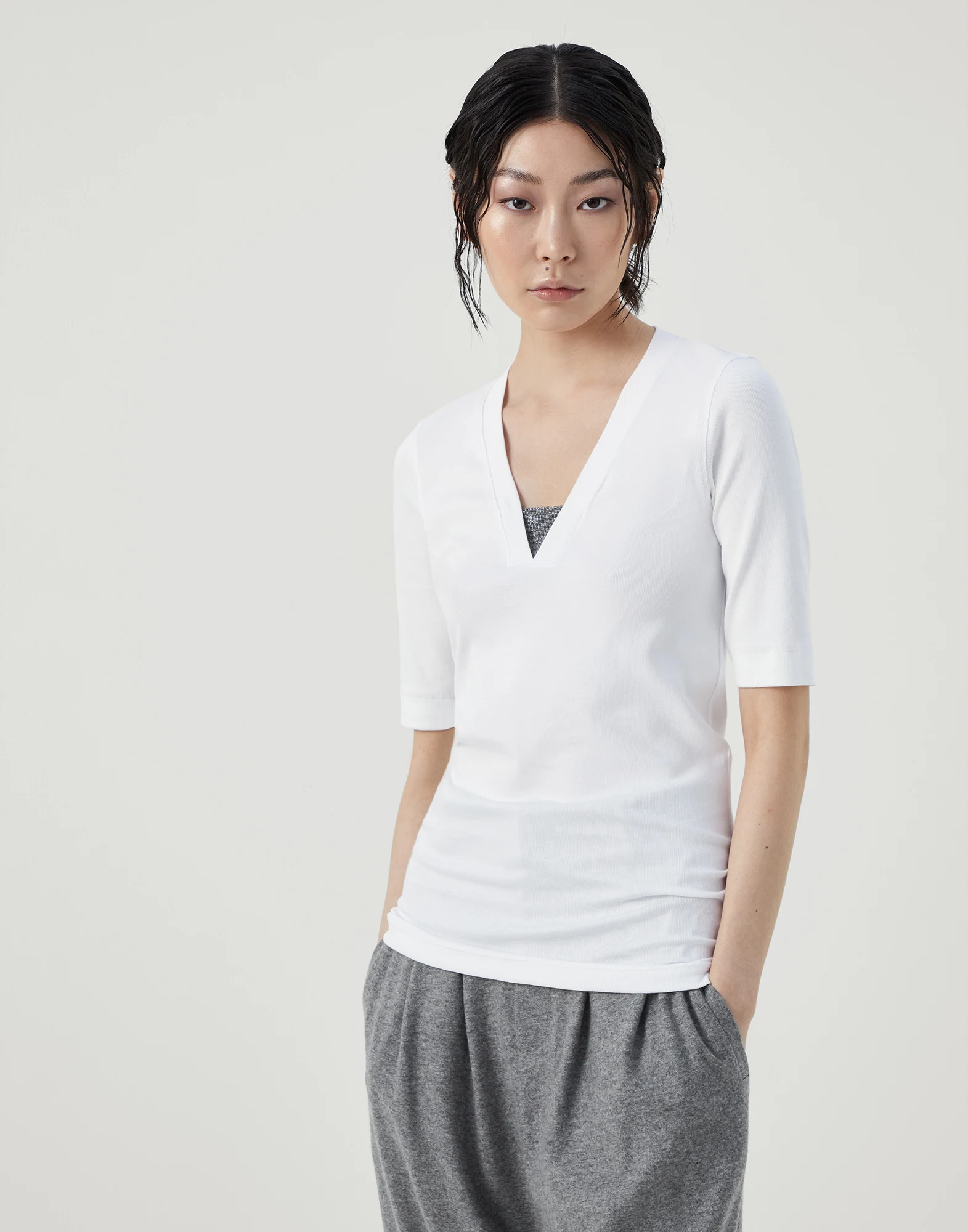 Stretch cotton ribbed jersey T-shirt with precious insert