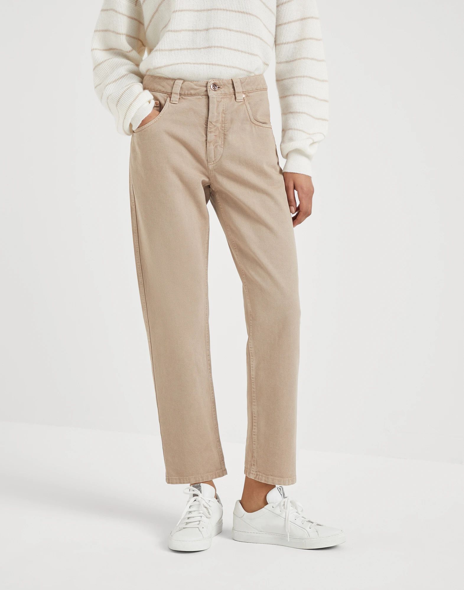 Stretch dyed denim straight trousers with shiny bartack