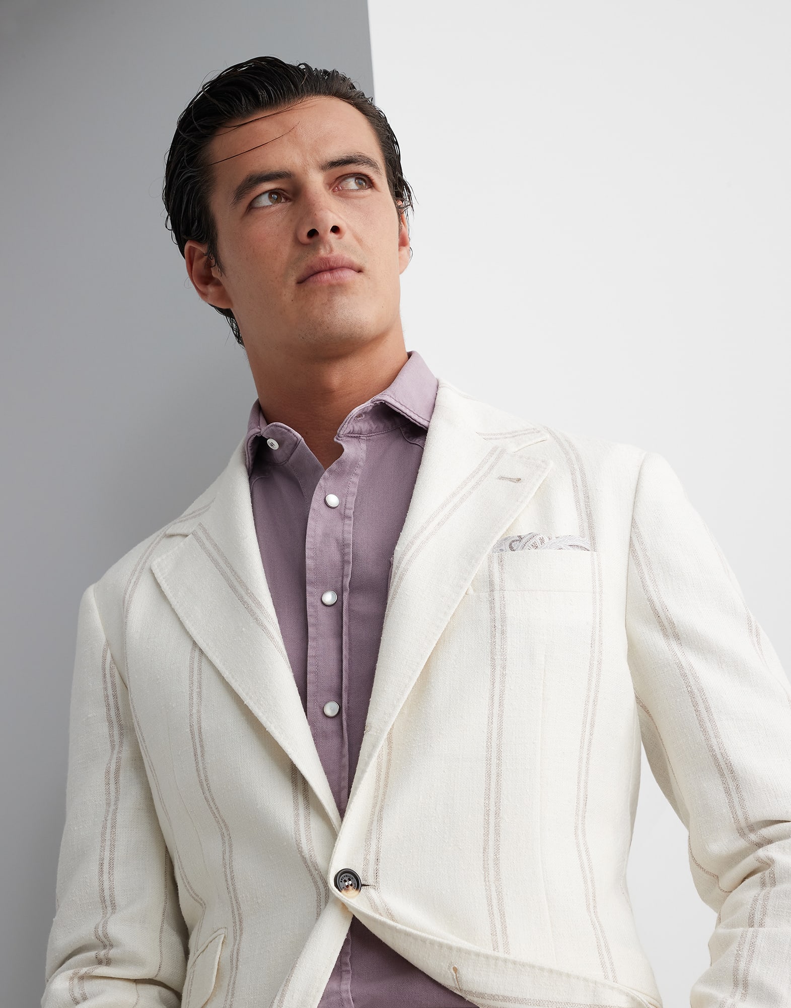 Linen, wool and silk double chalk stripe deconstructed Cavallo blazer