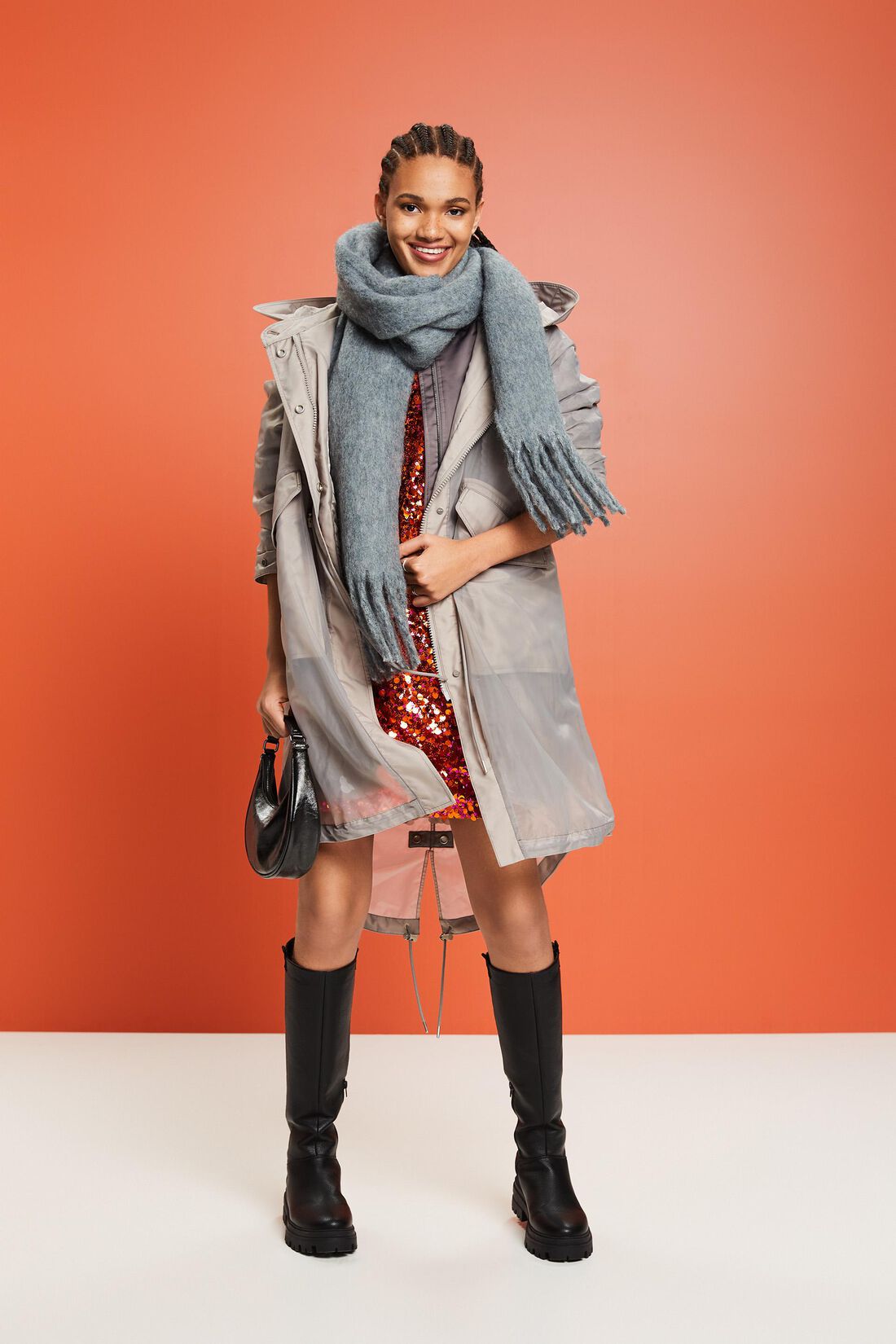 Halbtransparenter Kapuzen-Parka mit Pailletten