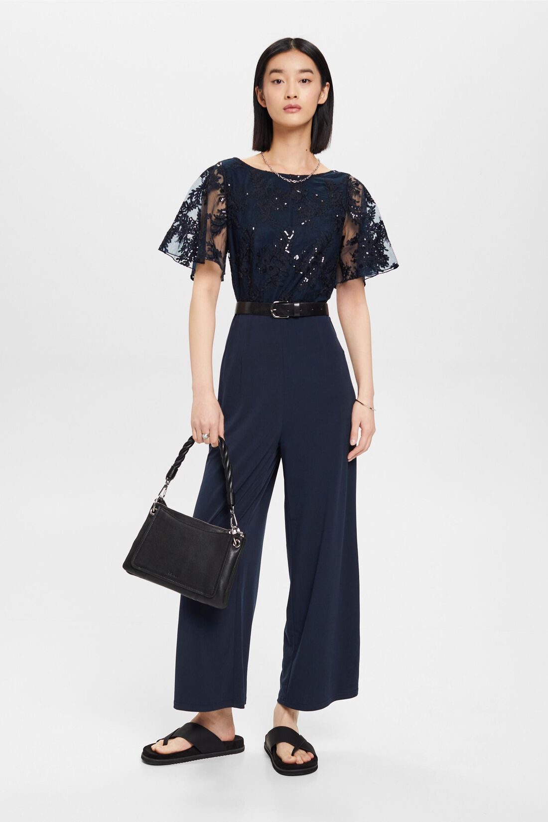 Jersey-Jumpsuit mit Blumenstickerei am Oberteil
