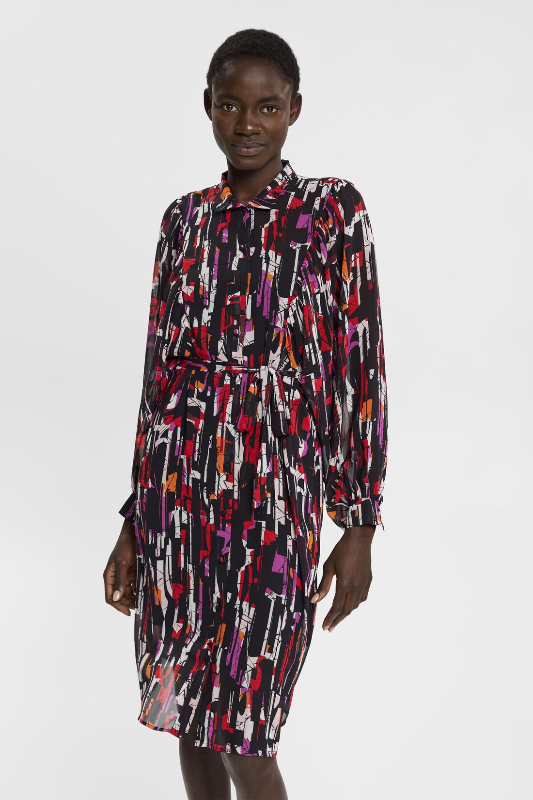 Gemustertes Chiffon-Kleid mit Bindeg&uuml;rtel