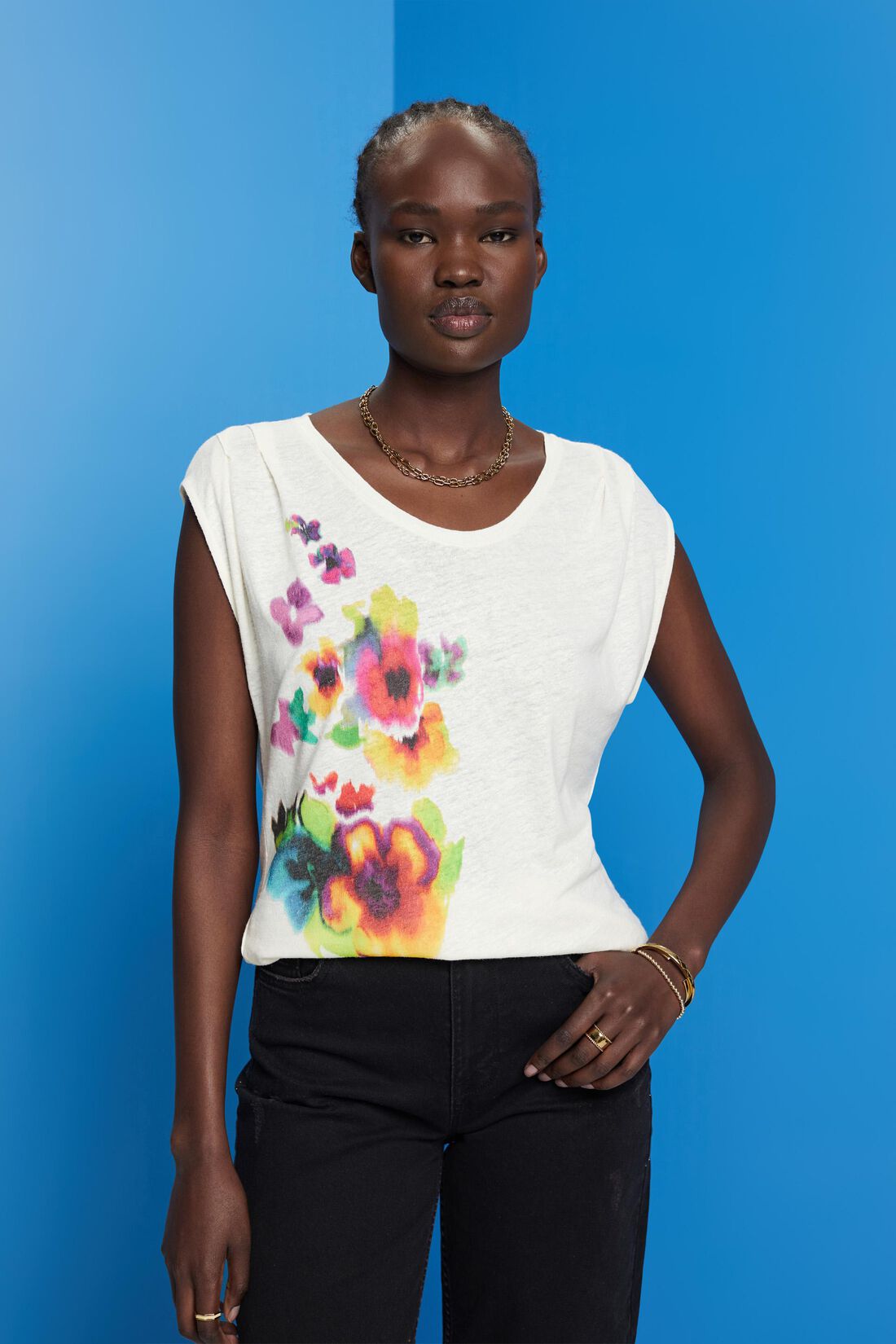 T-Shirt mit Frontprint, Leinenmix