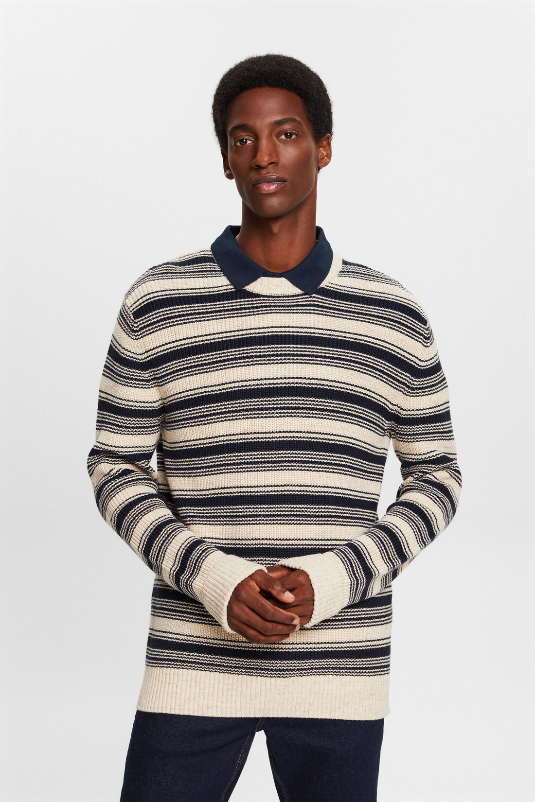 Gestreifter Rundhals-Pullover, 100 % Baumwolle