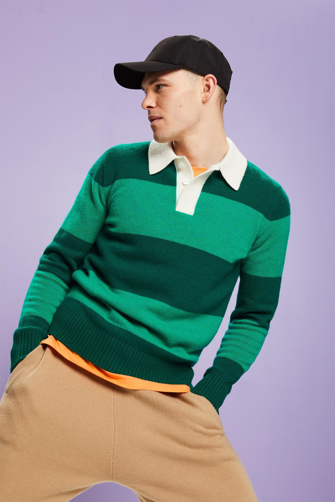 Kaschmirpullover mit Polokragen und Rugby-Streifen