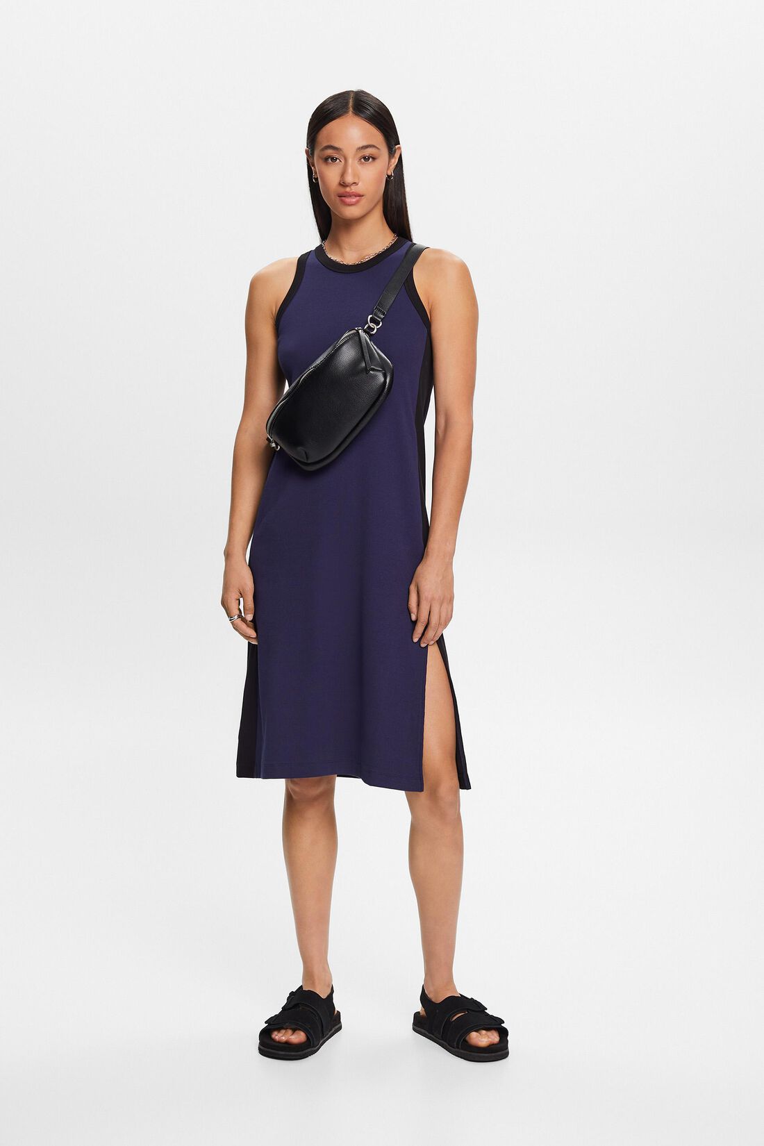 Geripptes Midikleid aus Jersey, Stretchbaumwolle