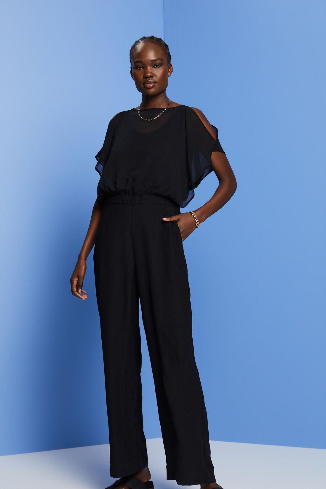 Chiffon-Einteiler mit weitem Bein