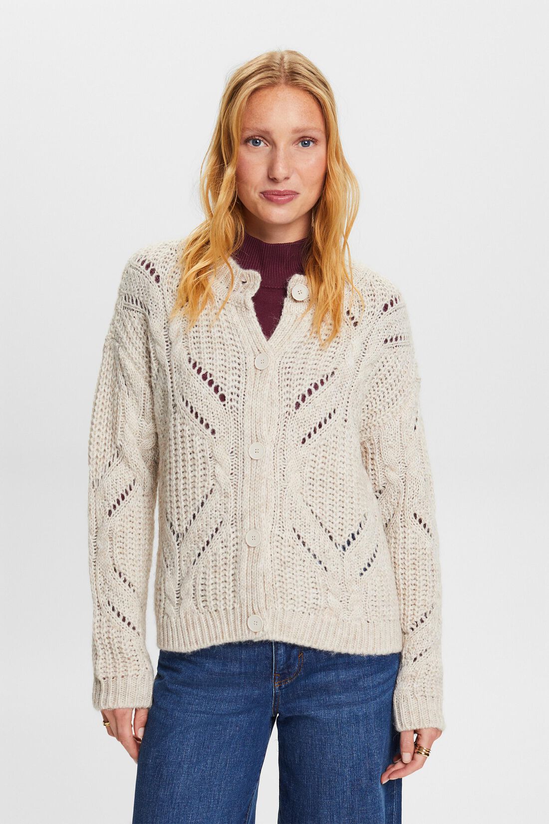 Offenmaschiger Strick-Cardigan aus Wollmix