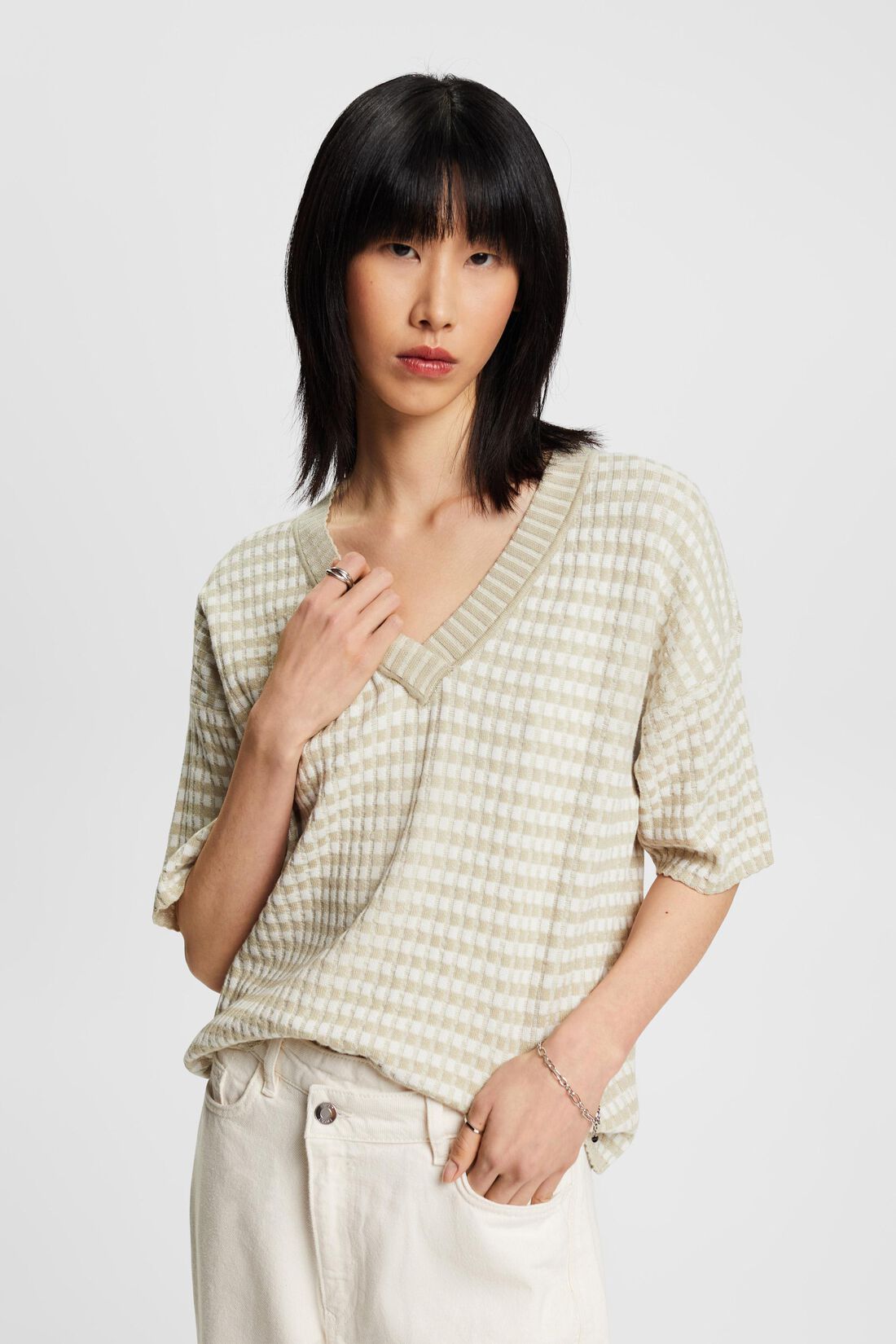 Gerippter Kurzarm-Pullover mit Streifen