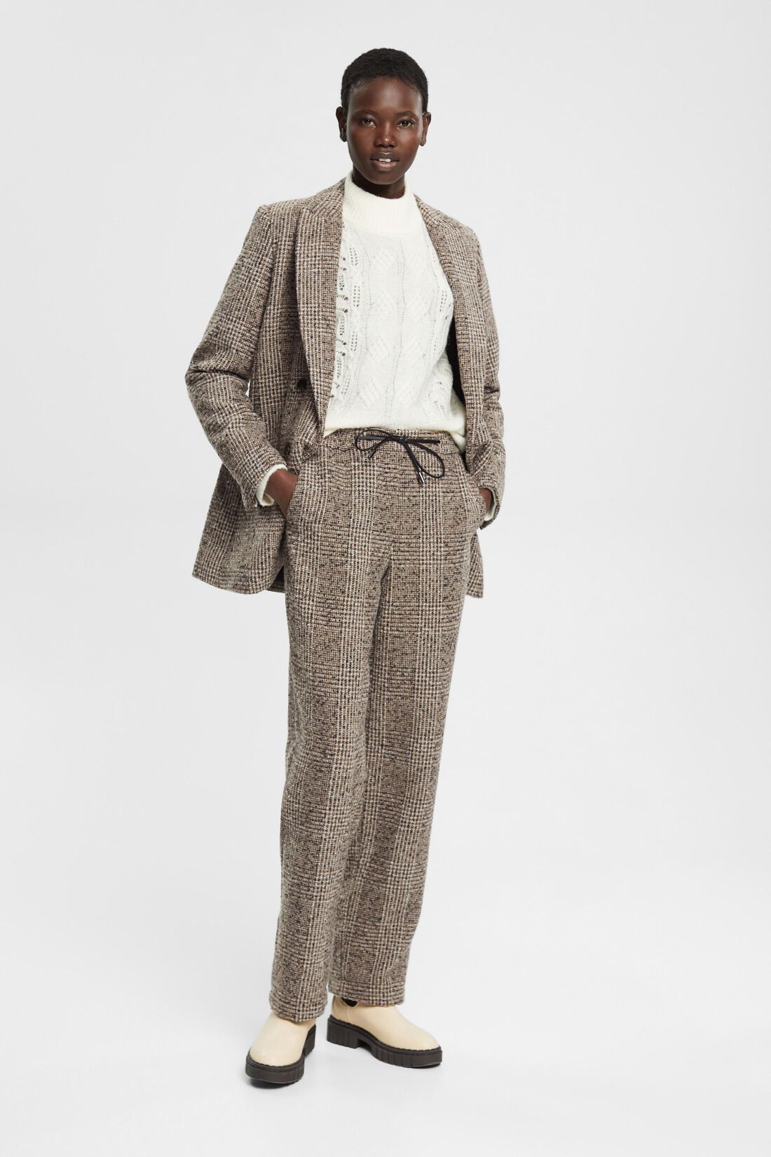 Boucl&eacute;-Blazer mit Karomuster aus Wollmix