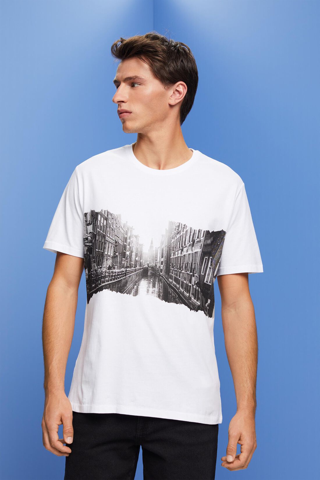 Rundhals-T-Shirt mit Print, 100 % Baumwolle