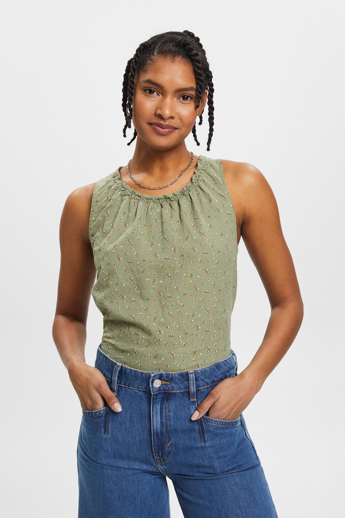 &Auml;rmellose Leinenbluse mit floralem Print
