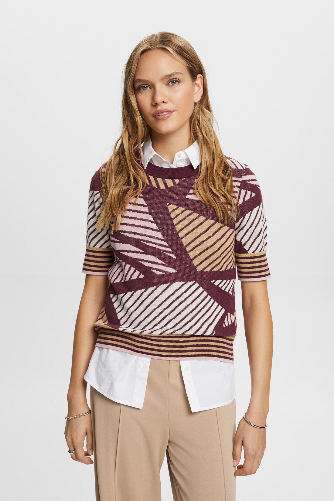 Kurz&auml;rmliger Jacquardpullover, Bio-Baumwolle