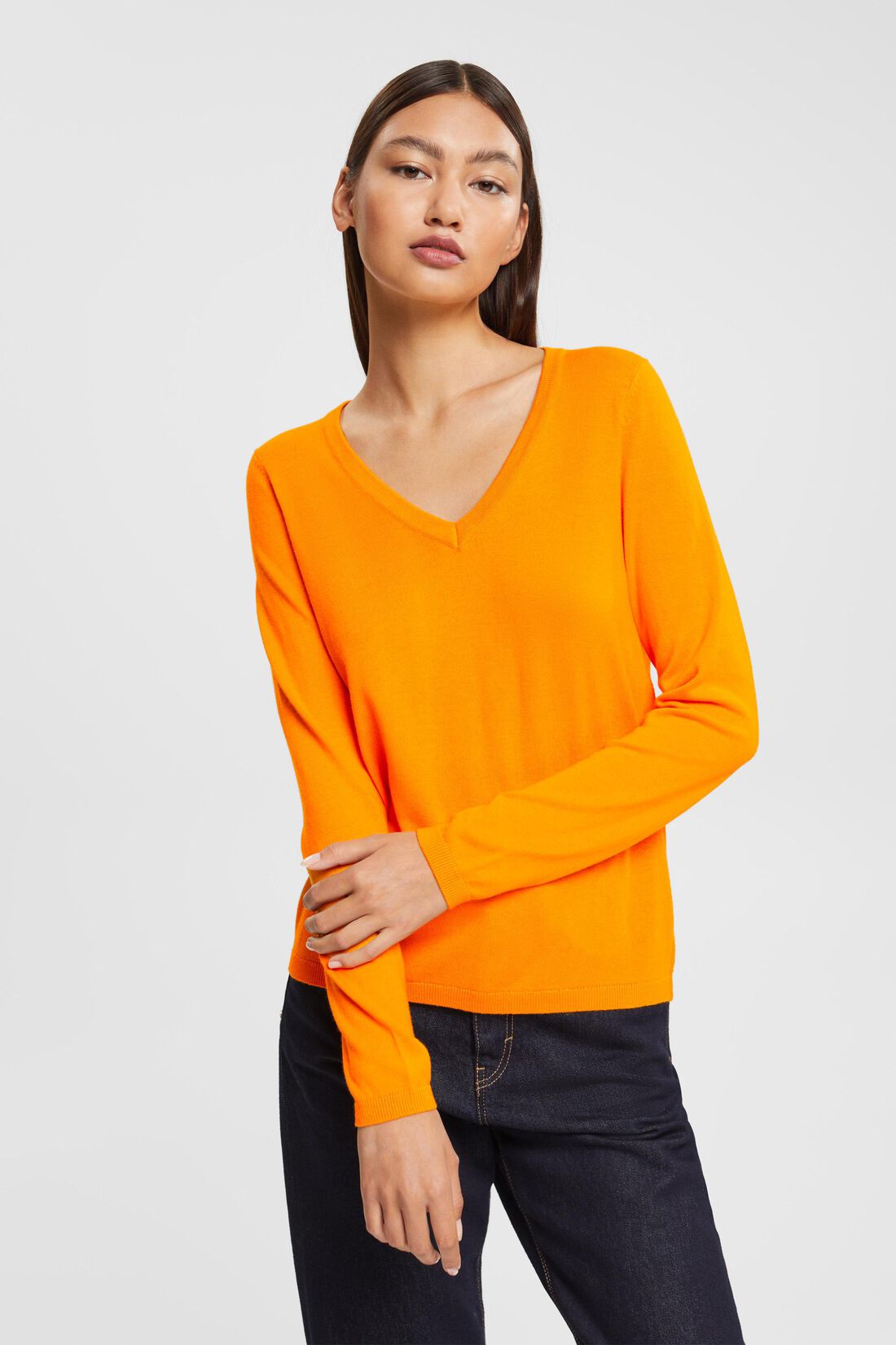 Basic V-Neck-Pullover,-Baumwoll-Mix