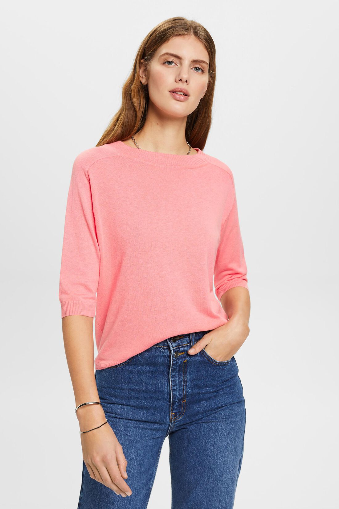 Pullover mit verk&uuml;rzten &Auml;rmeln und Leinenanteil