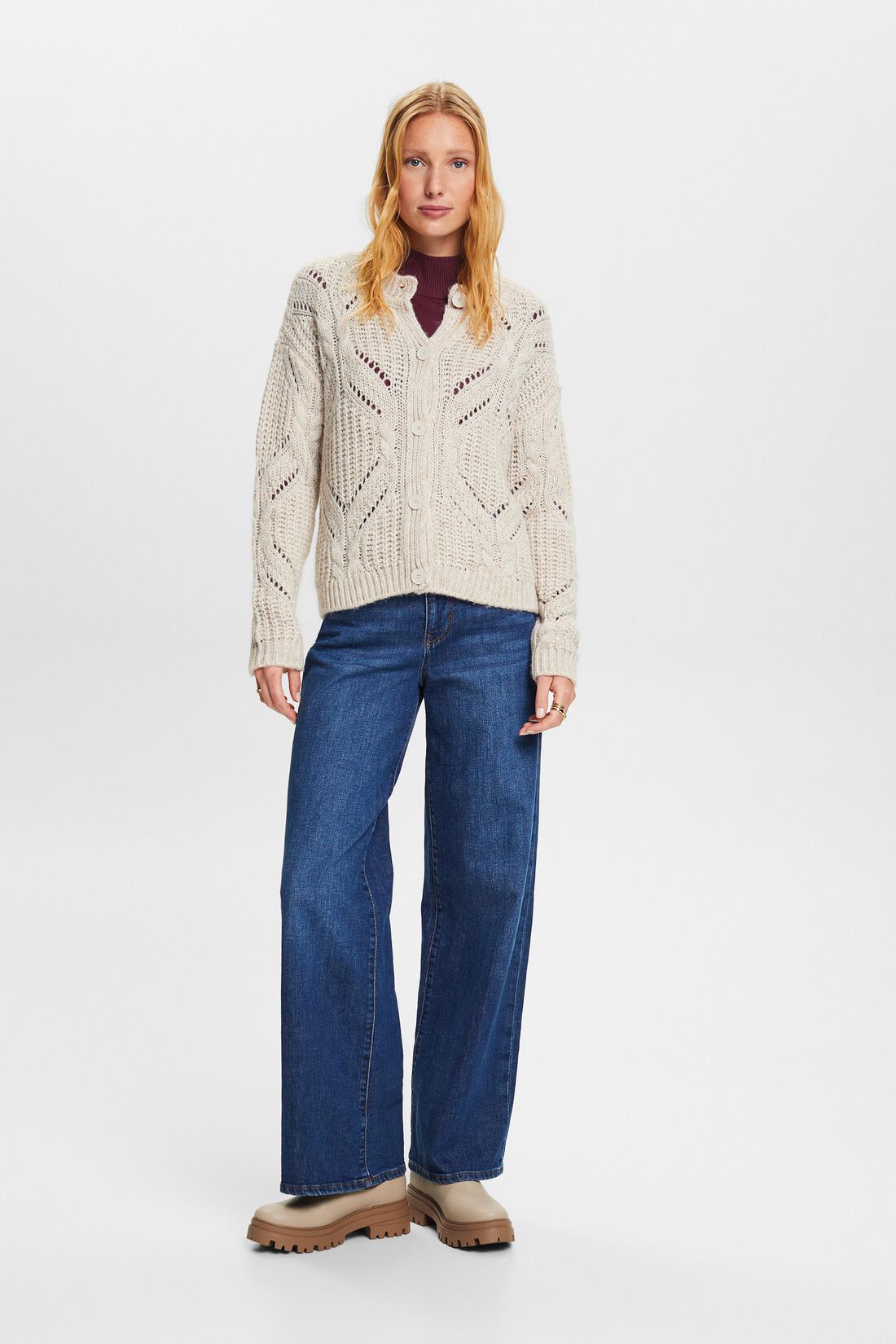 Offenmaschiger Strick-Cardigan aus Wollmix