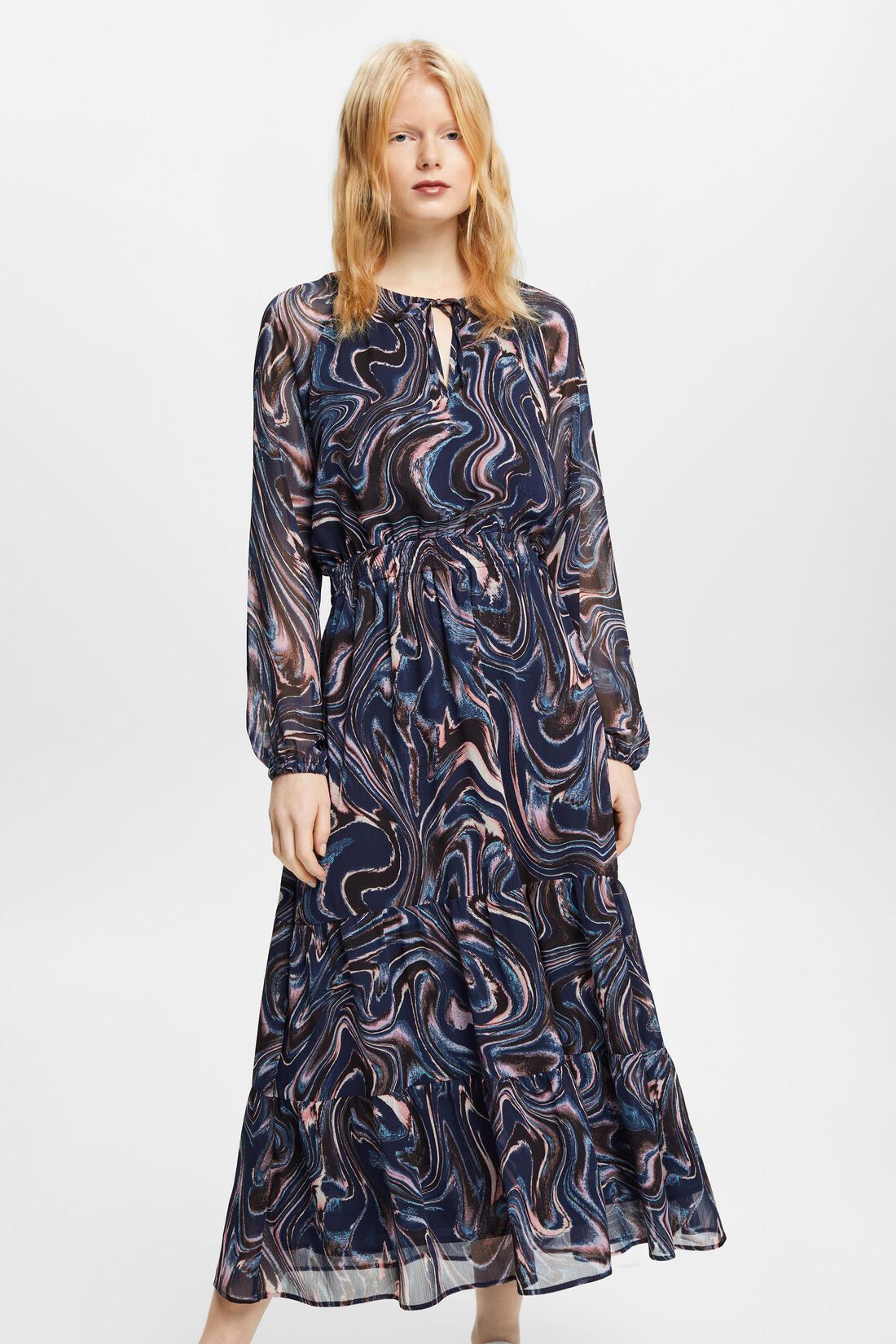 Maxikleid aus Crinkle-Chiffon mit Volant-&Auml;rmeln