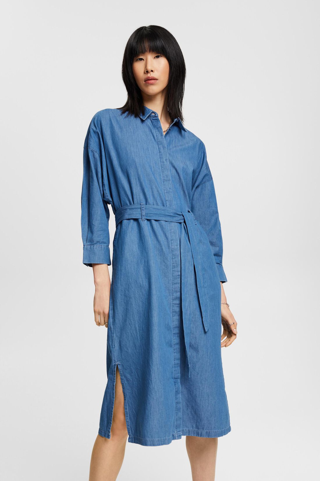 Midikleid aus Baumwoll-Denim mit Bindeg&uuml;rtel