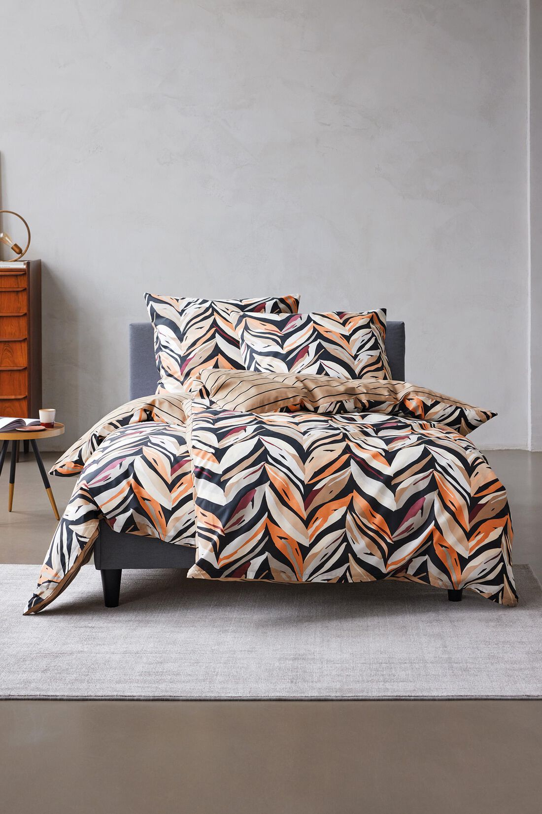 Satin-Bettw&auml;sche mit floralem Motiv und Streifen