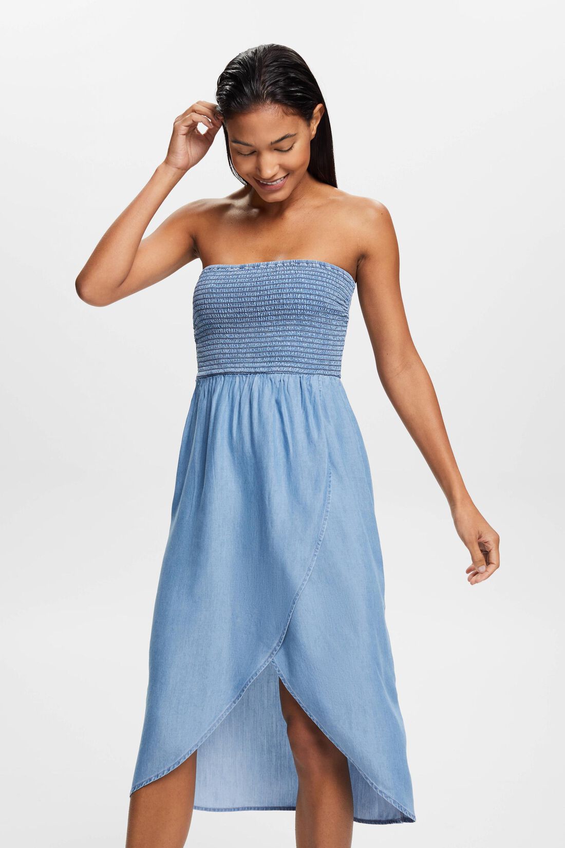 Gesmoktes Schlauchkleid in Denimoptik