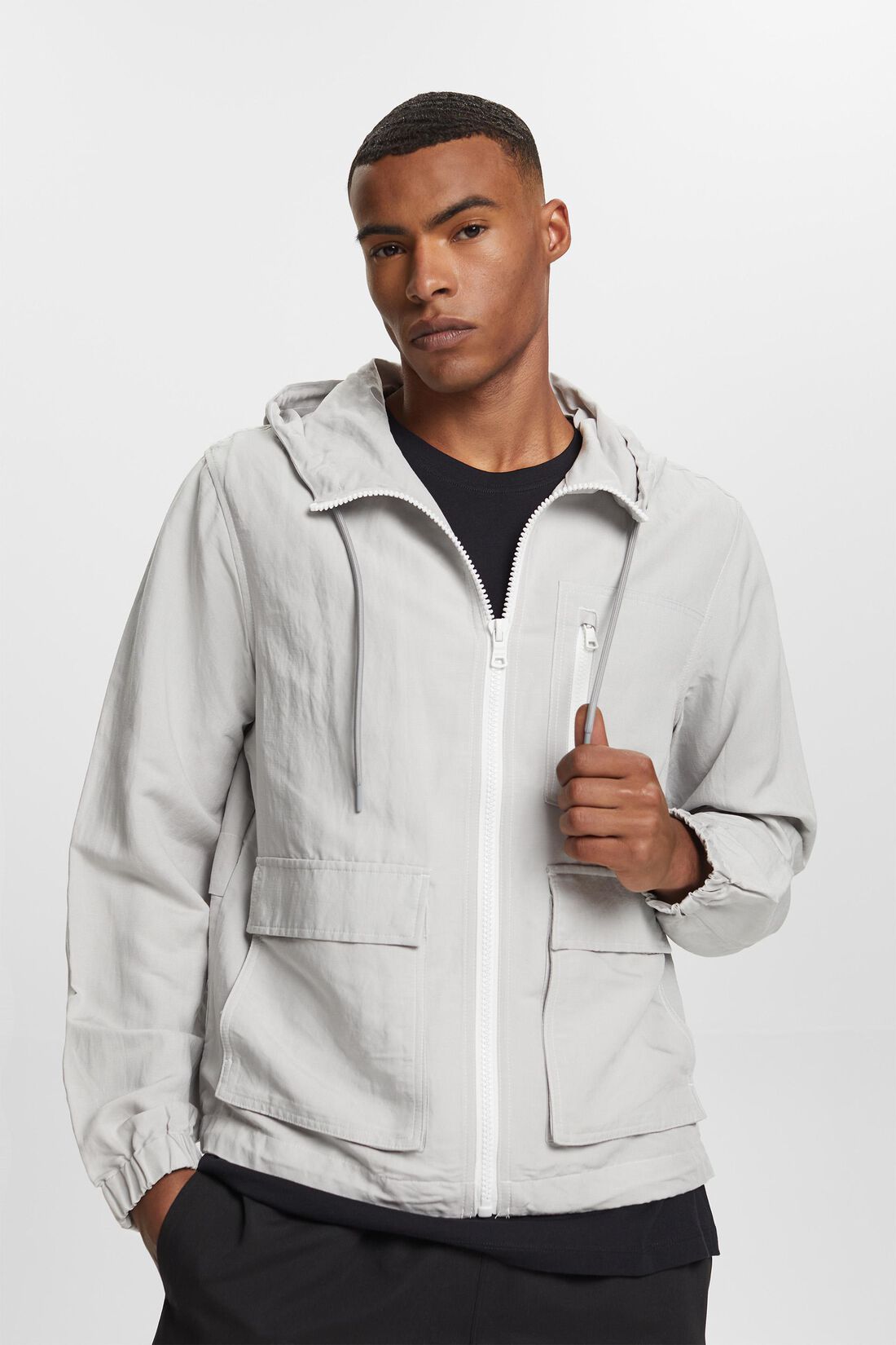&Uuml;bergangsjacke mit Kapuze, Leinenmix
