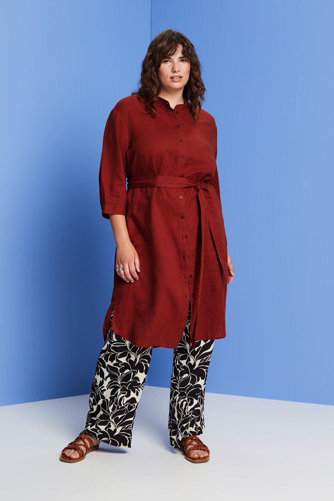 CURVY Hemdblusenkleid mit G&uuml;rtel, Baumwolle-Leinen-Mix