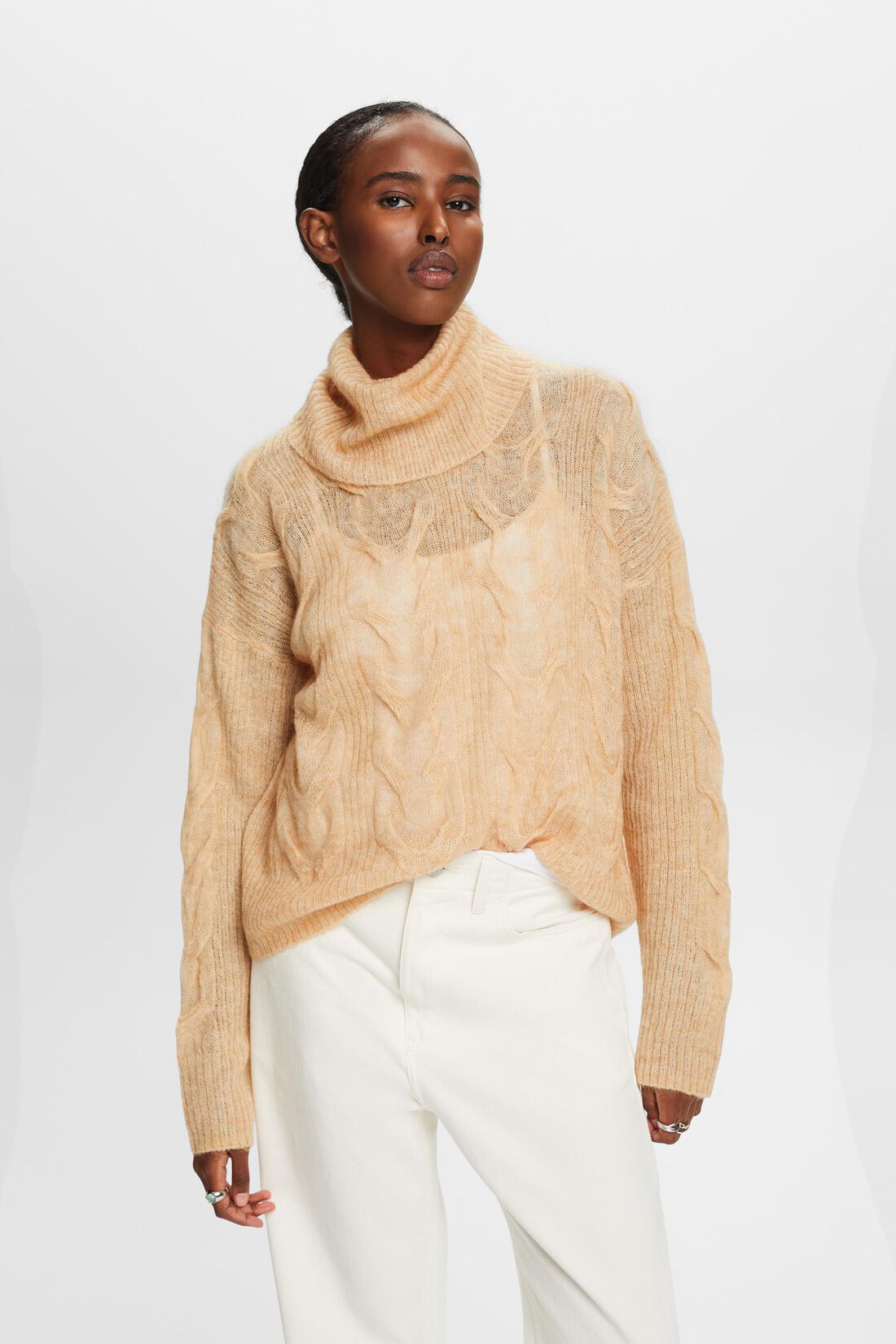 Zopfstrick-Rollkragenpullover aus Mohair-Mix