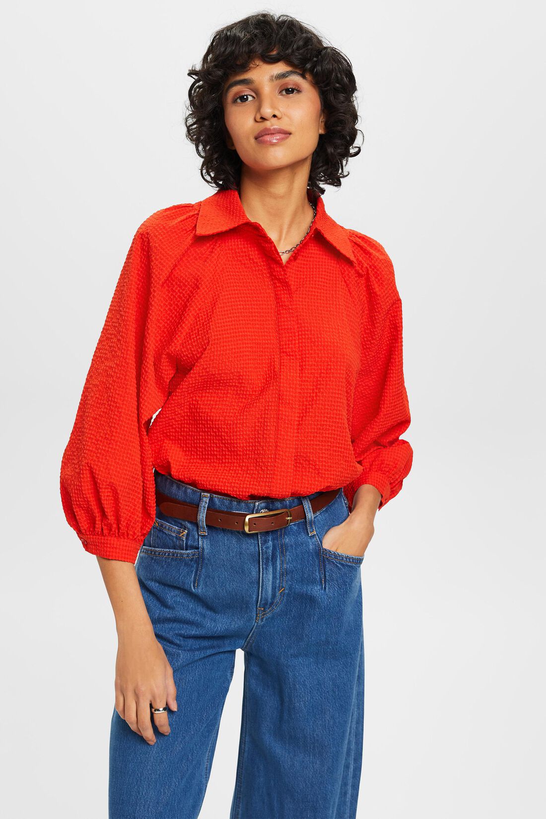 Seersucker-Bluse mit bauschigen &Auml;rmeln