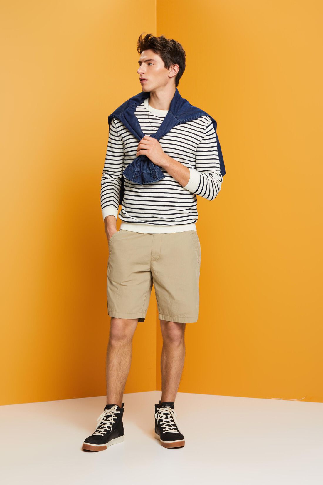 Gestreifter Rundhals Pullover, Baumwoll-Leinenmix