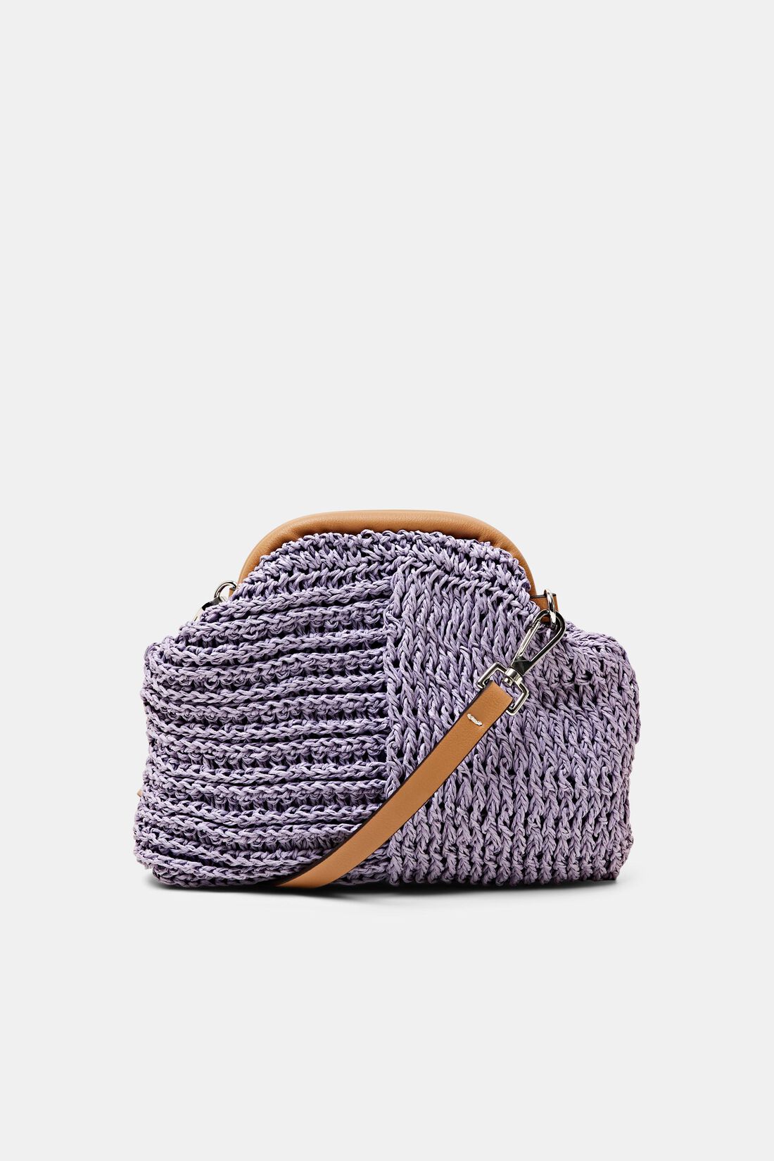 Schultertasche aus Bast mit Details in Lederoptik