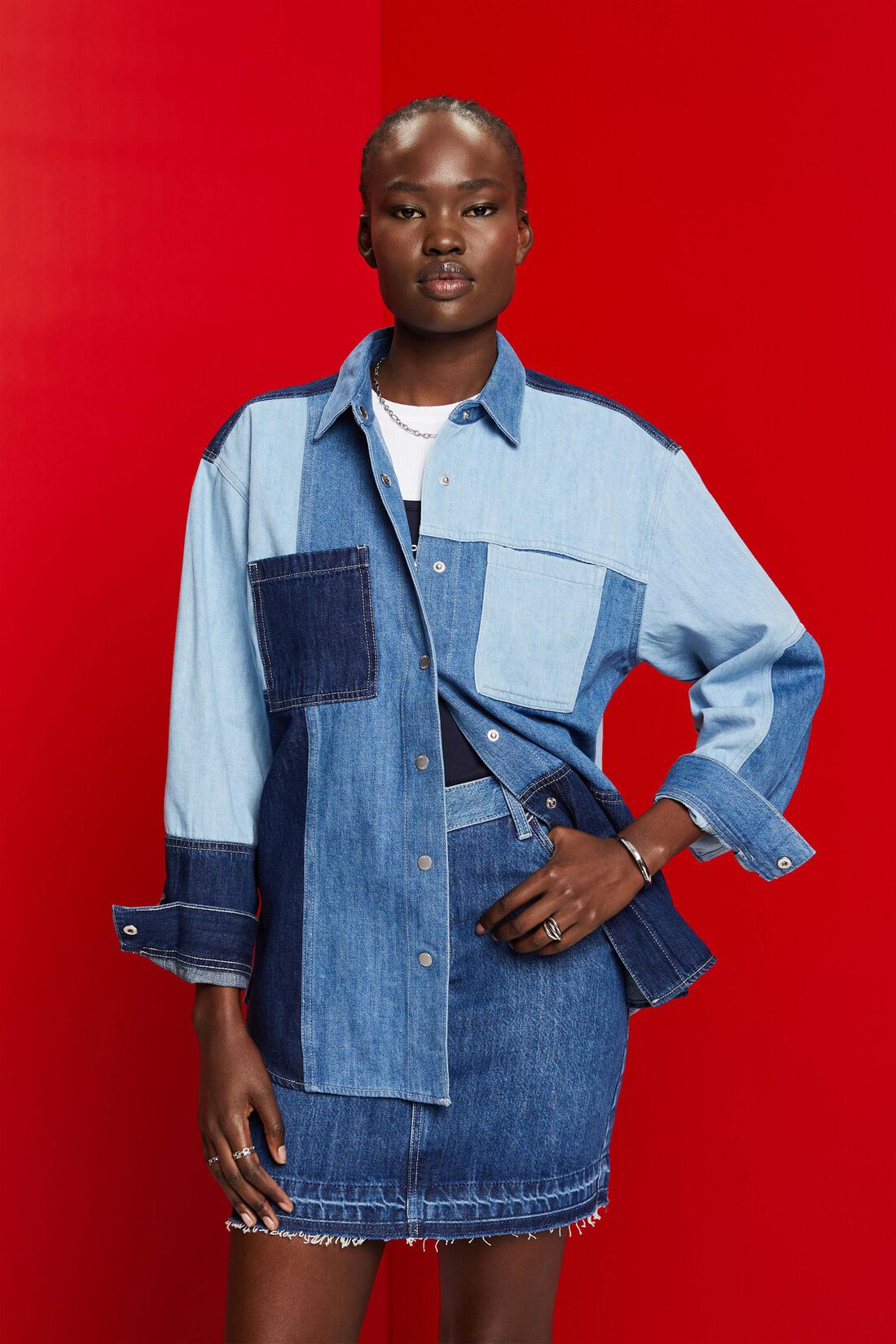 Jeanshemd im Patchwork-Style, Baumwollmix