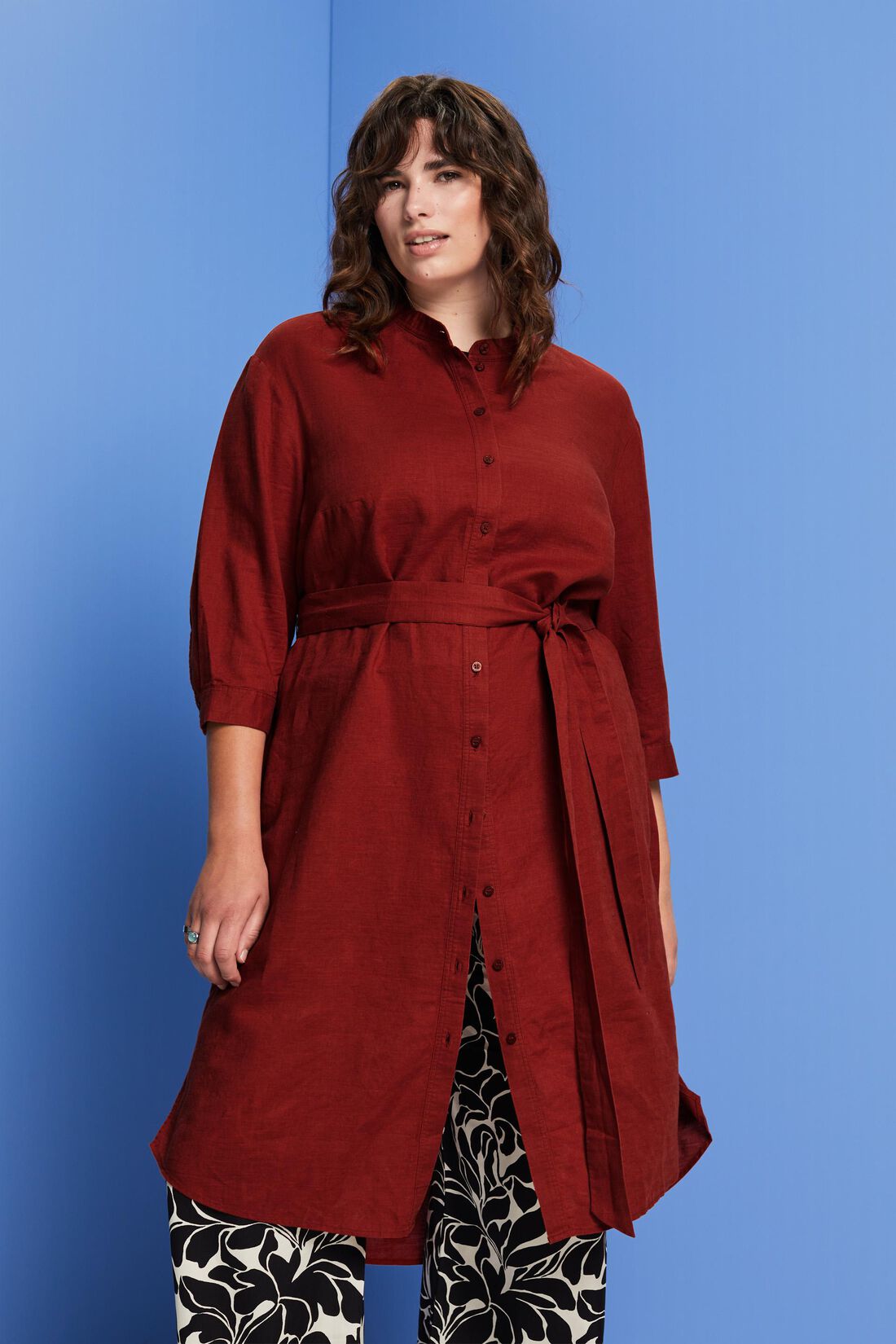 CURVY Hemdblusenkleid mit G&uuml;rtel, Baumwolle-Leinen-Mix