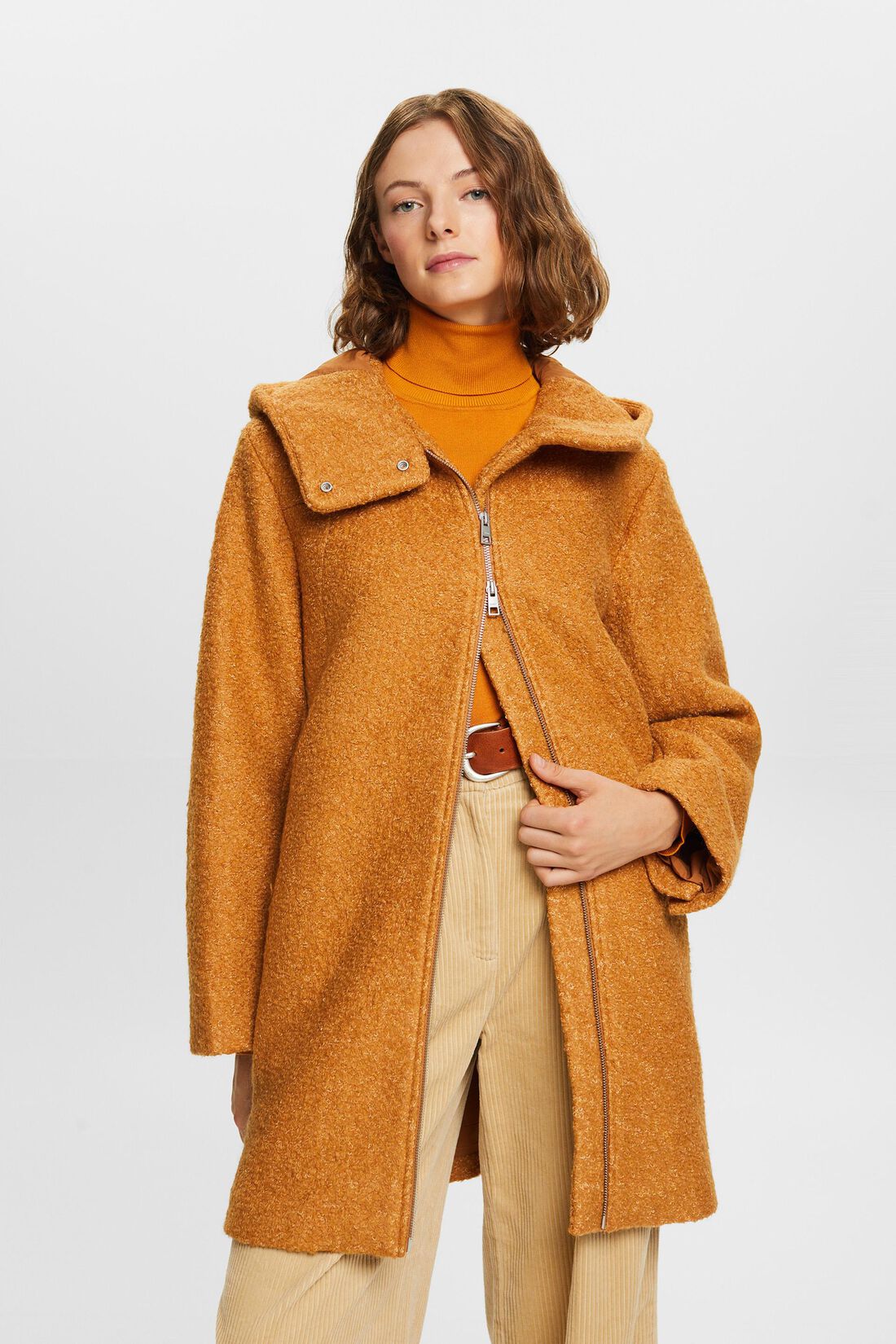 Boucl&eacute; Kapuzenmantel aus Wollmix